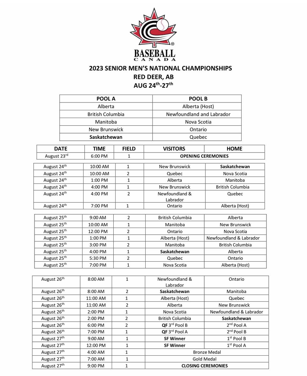 Here is the schedule for the 2023 Men’s AAA Canadian Championships in Red Deer, AB

<a href="/KWildcats22/">Kentville Wildcats</a> <a href="/stjohnscapitals/">Caps Baseball</a> <a href="/SJAlpines/">Saint John Alpines</a> <a href="/baseballquebec/">baseballquebec</a> <a href="/BaseballOntario/">Baseball Ontario</a> <a href="/BaseballMB/">Baseball Manitoba</a> <a href="/ReginaTrappers/">Regina Trappers Baseball Club</a> <a href="/ParkAthletics/">Athletics Baseball⚾</a> <a href="/BurnabyBulldogs/">Burnaby Bulldogs Baseball</a> <a href="/RedDeerRiggers/">Red Deer Riggers</a> <a href="/baseballcanada/">Baseball Canada 🇨🇦⚾️</a> <a href="/BaseballCANNats/">Baseball Canada National Championships</a>