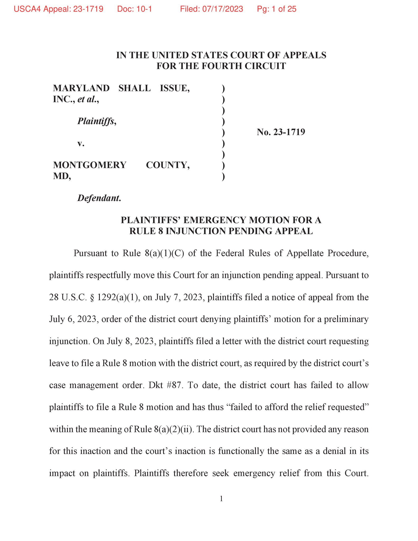 Maryland Shall Issue on Twitter "Filed in MSI v Montgomery County