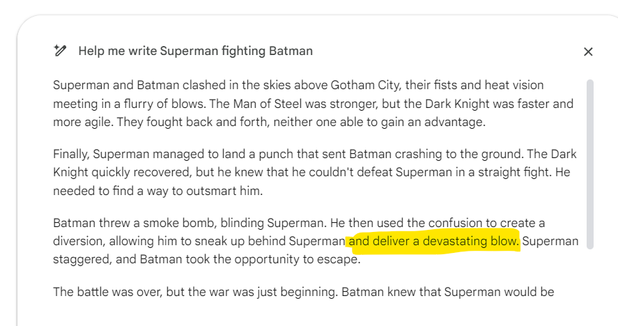 '...deliver a devastating blow'

A Kryptonite ball lobbed at Supes' crotch, amirite?

#AIwritingprompts #GoogleLabs #futureHollywoodscreenplays