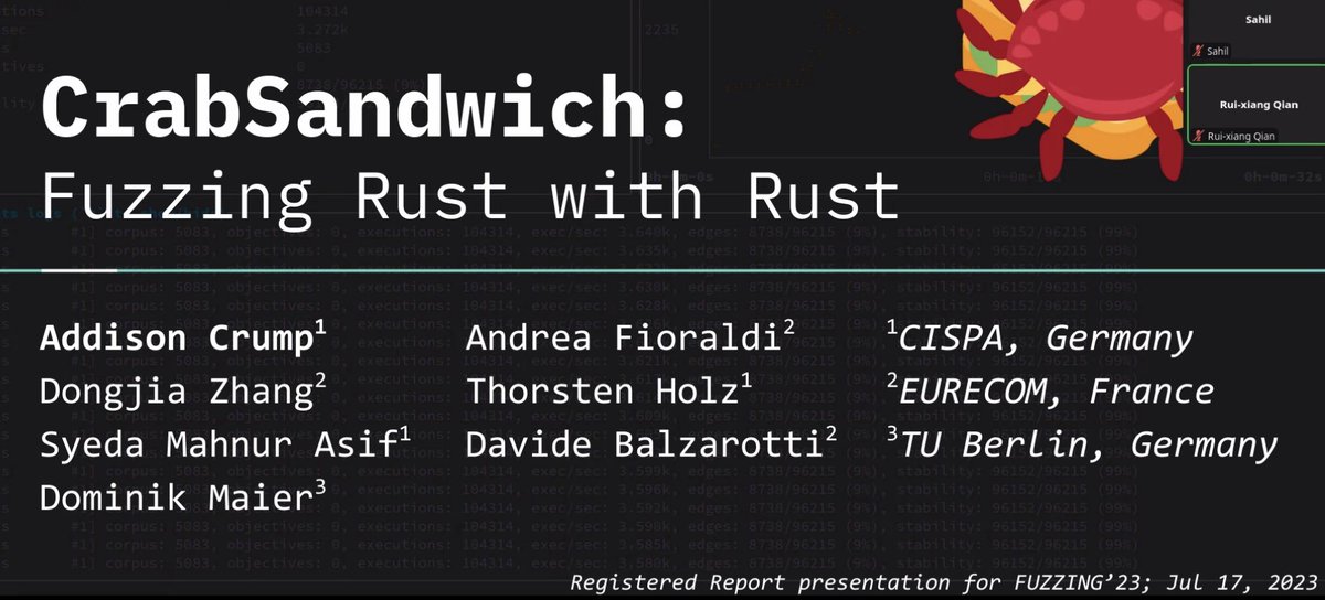Now live: @addisoncrump_vr presenting our rust fuzzing experiences with #LibAFL at #FUZZING