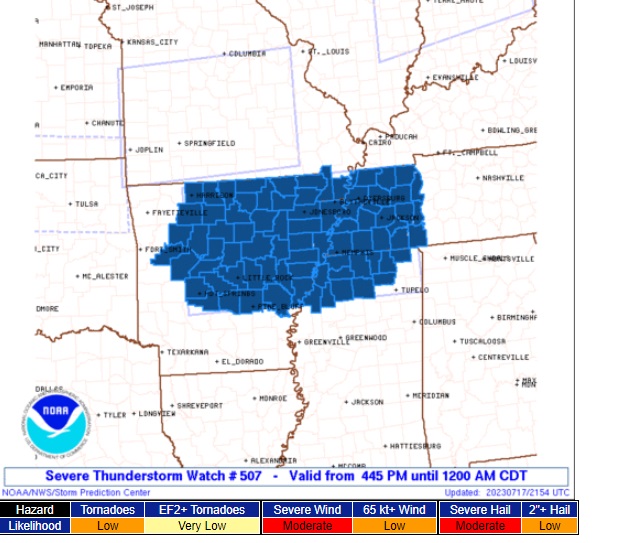 SEVERE STORM WATCH to 12 AM CDT for AR MO MS & TN 
   A tornado   possible Hail 1.5