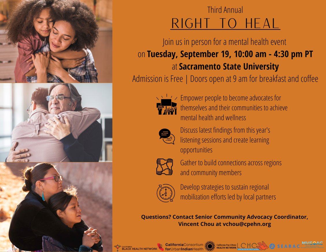 CPEHN's tweet photo. ICYMI: Registration for The Right to Heal is now live! 

Join us in person for this mental health event on September 19 at Sacramento State University!
Admission is free! Register today! https://t.co/6auvKxTcub https://t.co/oqY0oyT8eM