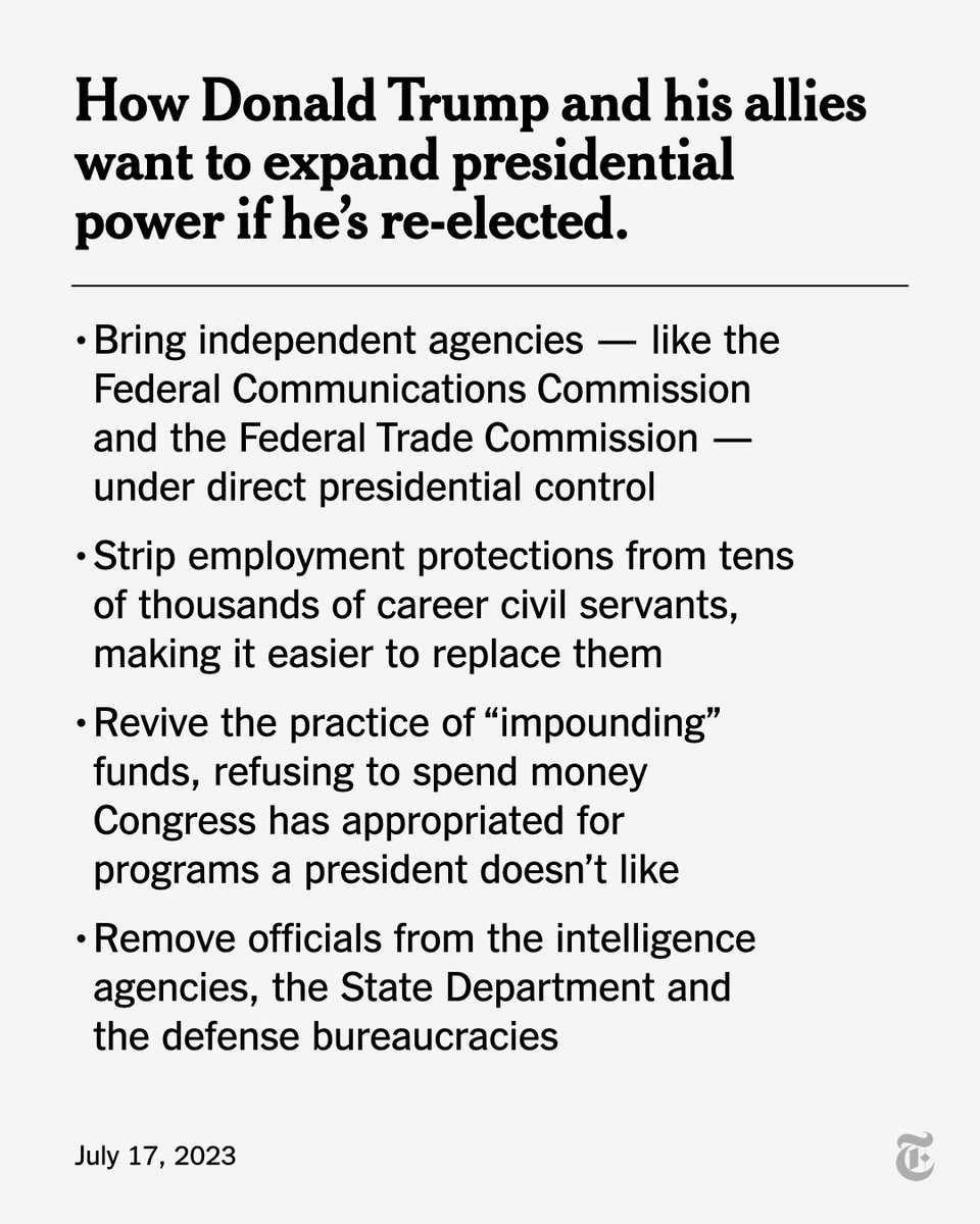 nytimes's tweet photo. Donald Trump and his allies are planning a sweeping expansion of presidential power if voters return him to the White House. That includes limiting the independence of federal agencies. https://t.co/Vg9j8YhNip https://t.co/S2HAXTiY9J