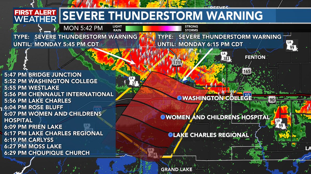 A Severe Thunderstorm Warning is in effect for Calcasieu Parish until 6:15 PM.  This storm is moving SW at 20 mph and based on that the image shows estimated times of arrival for those in the path.  As always you can find the latest radar using our app: kplctv.com/apps