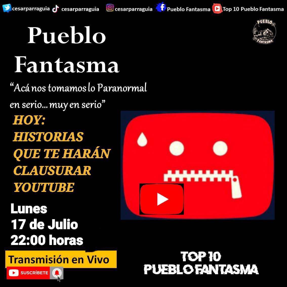 CesarParraGuia's tweet photo. Comenzamos esta semana con un capítulo de infarto.
Desde las 22:00 horas, los esperamos en TOP 10 PUEBLO FANTASMA.
¡No faltes! ¡Apóyanos suscribiéndote!
@CesarParraGuia @KenerLooR @francoinostroza @ChicaPattyTwT
#lunesdeterror #lunesfantasmal #debilesdecorazon https://t.co/r4t1osGMJO
