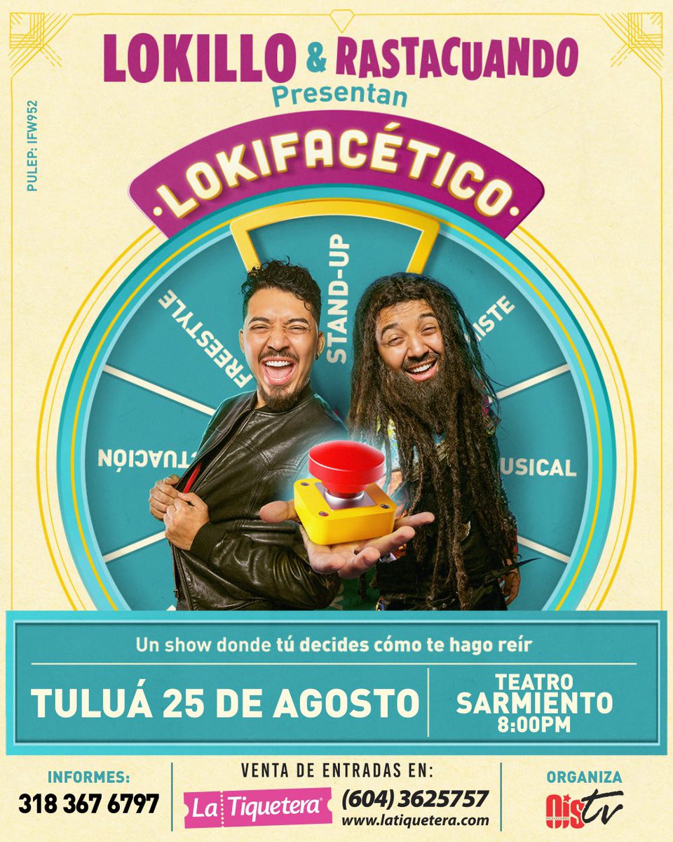 LokilloFlorez's tweet photo. Sigue la gira en 🇨🇴 de #Lokifacético, mi show interactivo que reúne stand-up, música, imitación, freestyle, entre otras. Junto con @RastacuandoCol llegamos a 📍Yopal el 05 de agosto y a📍Tuluá el 25 de agosto. Allá nos vemos!

Entradas en latiquetera (link abajo) 🎫🚨 https://t.co/00lvBO35cT