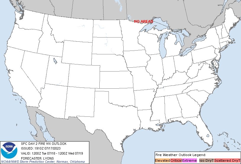 SPC Day 2 Fire Weather Outlook SPC Day 2 Fire Weather Outlook

Day 2 Fire Weather Outlook  
NWS Storm Prediction Center Norman OK
0210 PM CDT Mon Jul 17 2023

Valid 181200Z - 191200Z

...NO CRITICAL AREAS...

...Eastern Great Basin and the Western Slope.… https://t.co/nVJHPTj8TQ https://t.co/7QTF7DUflp