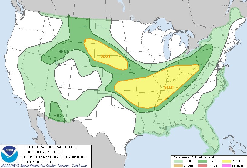 SPC Jul 17, 2023 2000 UTC Day 1 Convective Outlook SPC 2000Z Day 1 Outlook

Day 1 Convective Outlook  
NWS Storm Prediction Center Norman OK
0305 PM CDT Mon Jul 17 2023

Valid 172000Z - 181200Z

...THERE IS A SLIGHT RISK OF SEVERE THUNDERSTORMS FROM THE
… https://t.co/l7VpPYBW7T https://t.co/r1LD9Xg9N5