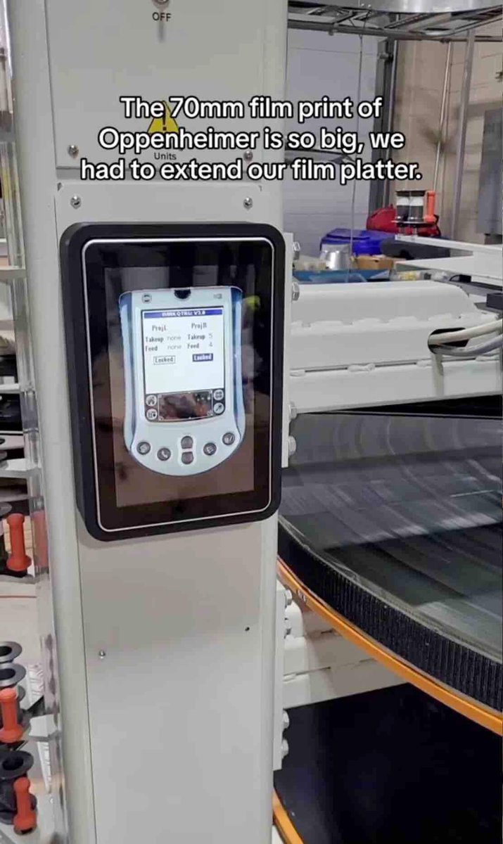 torbar's tweet image. So apparently imax theaters ran off of palm pilots for the quick turn reel unit. And nowadays, rather than having it run off a microcontroller or PC or raspberry pi or iPad, they just run a palm OS emulator?  Lmao