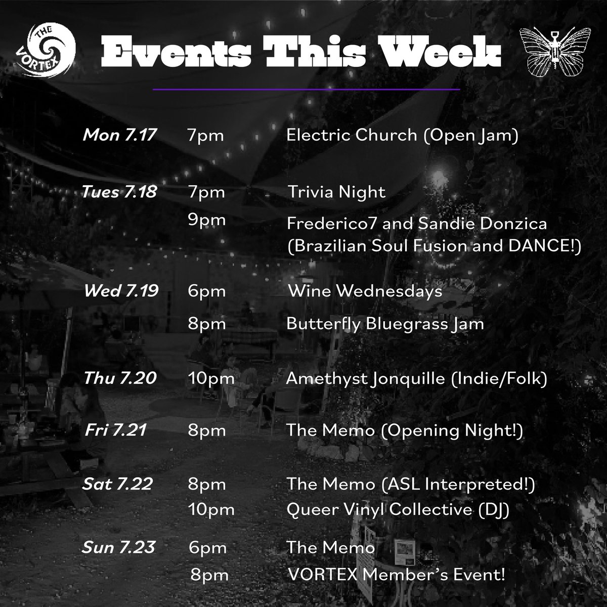 Wonderful things happening this week like Frederico7 and Sandie Donzica’s collaboration performance tomorrow night, Amethyst Jonquille on Thursday, and Summmer Youth Theatre’s opening weekend of The Memo, including their ASL Interpreted performance on Saturday the 22nd!