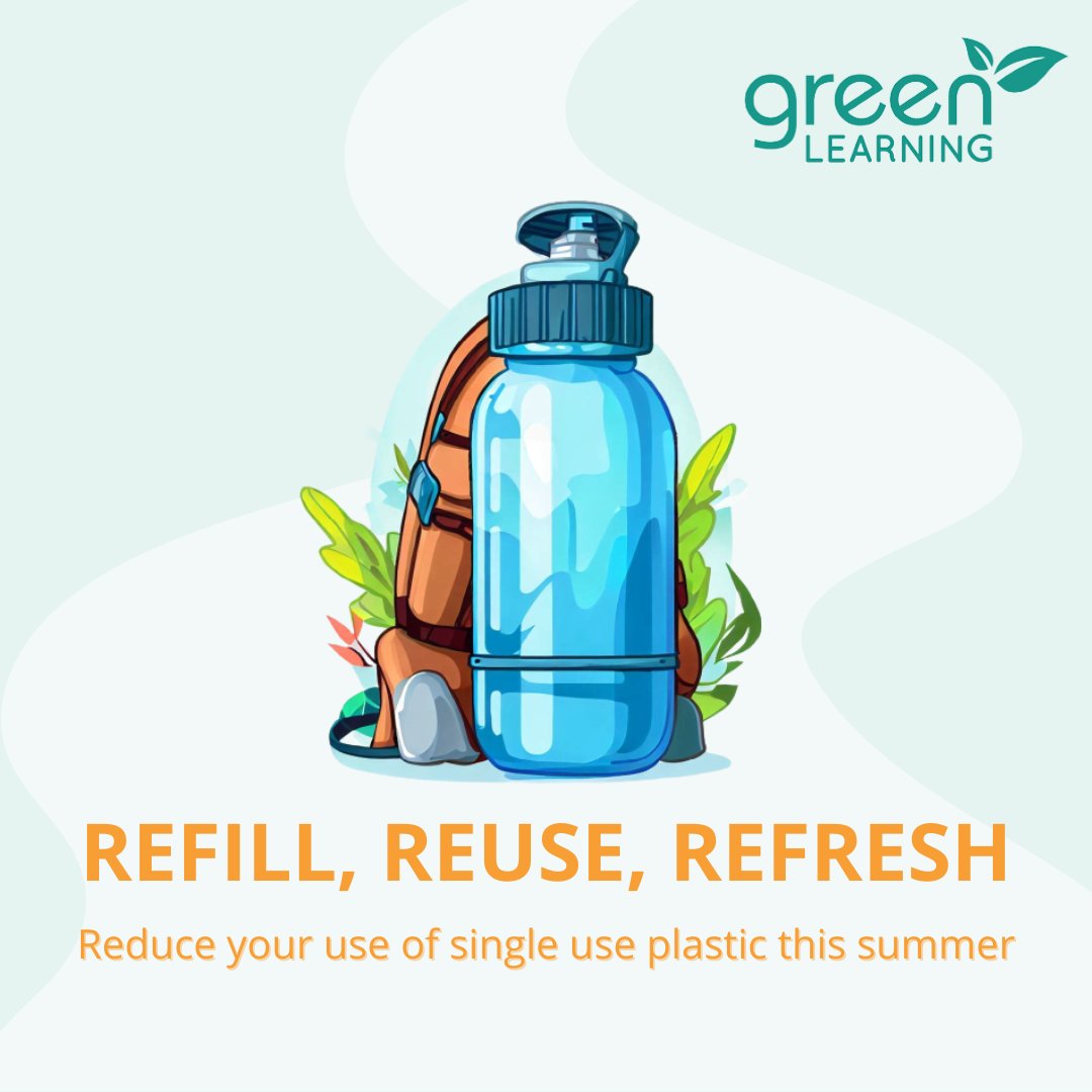GreenLearning's tweet photo. Heading to your next summer adventure? Remember to pack your reusable water bottle and reduce plastic waste.
#plasticfreejuly
#plasticfree
#GreenLearning
#sustainability
#plasticswap https://t.co/9yuRihtzZd