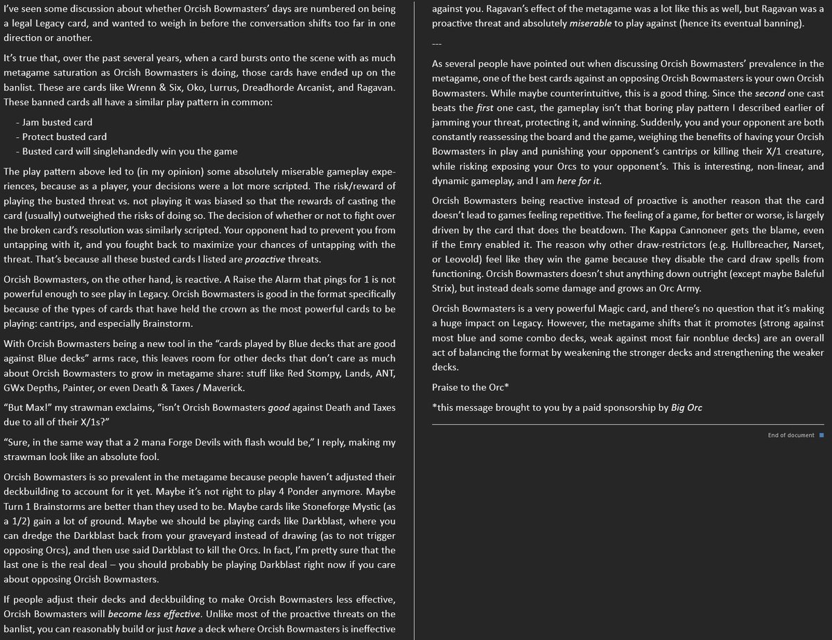 maxtortion's tweet photo. Shoving a word document into a tweet but this time it’s actually about why Orcish Bowmasters is good for Legacy https://t.co/pr72iCHMOO