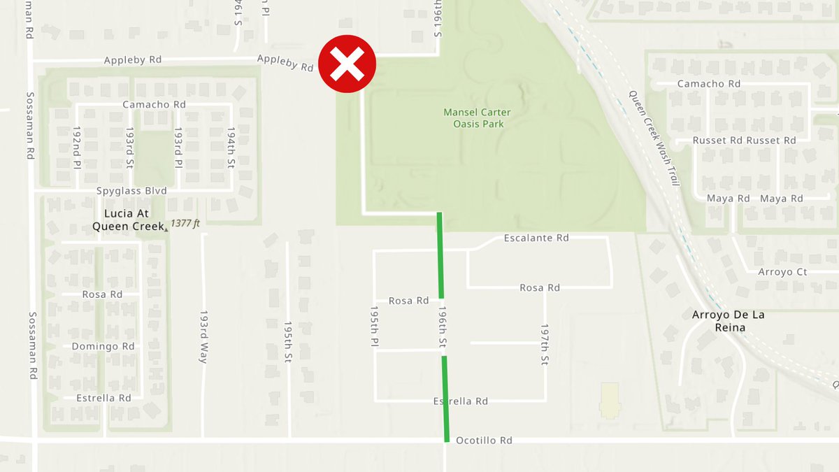⚠️ Traffic Alert ⚠️

Appleby Road will be closed east of 195th Place

🗓️July 18 &amp; 19 during off-peak hours 
(8:30 a.m. - 2:30 p.m.)

Park access will be from Ocotillo Road with detour signage in place. Residents who live along Appleby will have access from Sossaman.