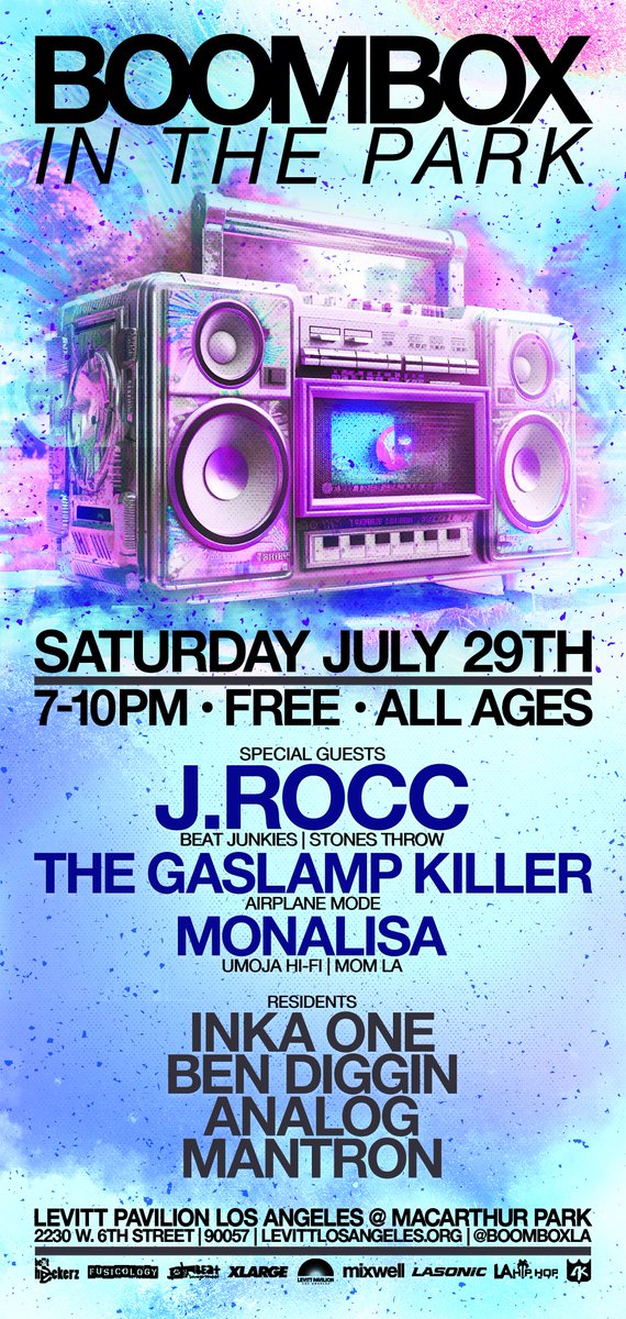 [SAT.7/29] we're back at the iconic <a href="/Levitt_LA/">Levitt Pavilion Los Angeles 🌴</a> at MacArthur Park for round 2 of "Boombox In The Park"! it's time for another FREE, ALL AGES jump-off in the heart of Los Angeles. this time we're joined by @JROCC <a href="/GASLAMPKILLER/">G L K</a> @MONALISA7872! ayyye!
INFO: bitp2.evevntbrite.com