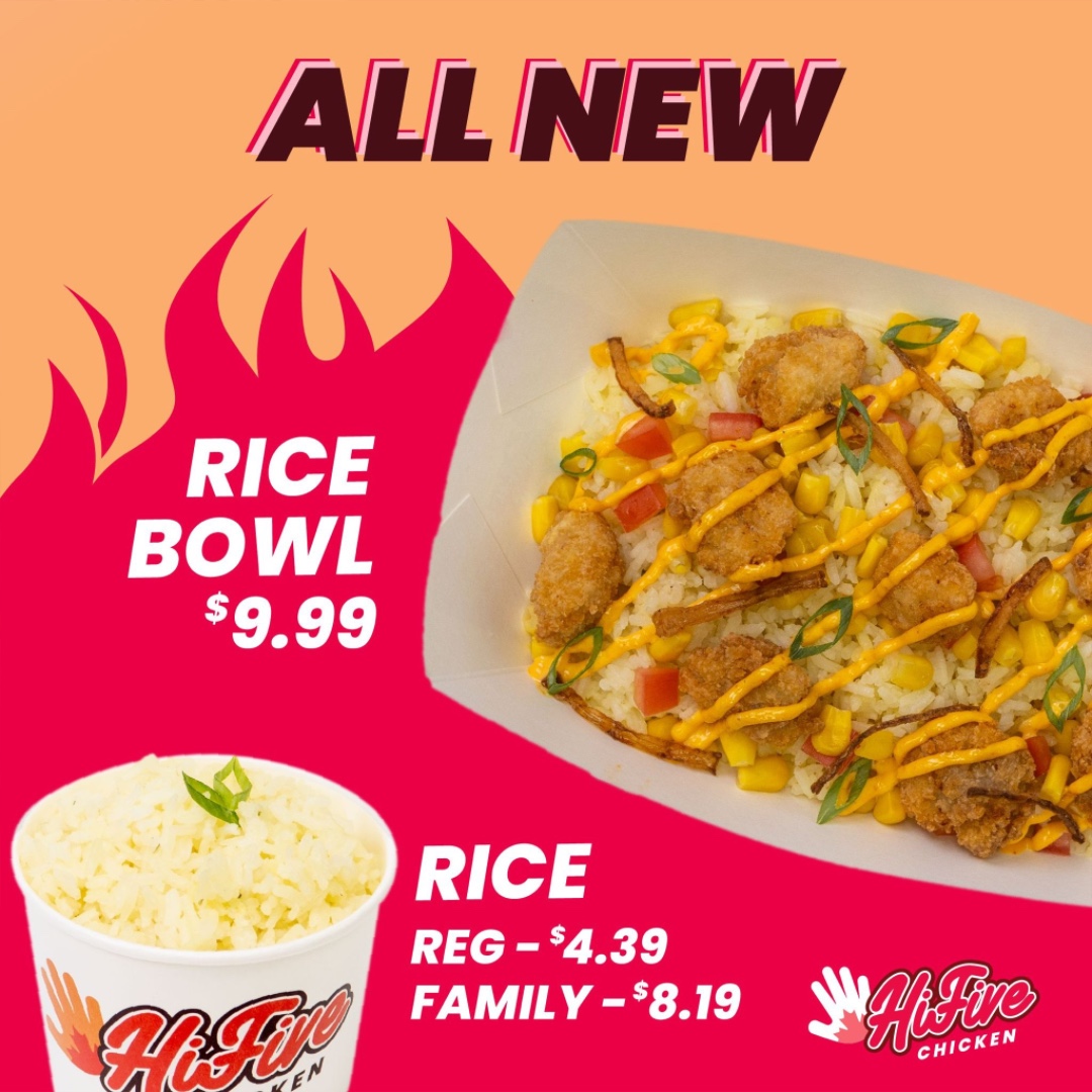 hifivechicken's tweet photo. All New #hifivechicken Side Rice 🍚 &amp; Chicken Rice Bowl 🍗 now available at all locations. The taste is mesme-rice-ing!!!!
-
-
-
- #sidrice #chickenricebowl #foodiefinds #foodlover #deliciousness #foodietravel #mouthwatering #foodcravings #foodporn https://t.co/Rl6mMwuvNa