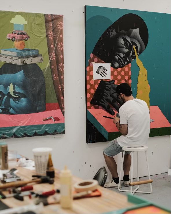 reeder_one's tweet photo. Studio shot of me working on new work for my upcoming solo exhibition at Allouche Gallery in Los Angeles. It’s been refreshing to take a slight step back from the heavily constructed wood block works and redirect my attention and energy towards further developing my imagery and narrative on canvas. Super excited to share the new body of work with everyone this fall! 😃✌️