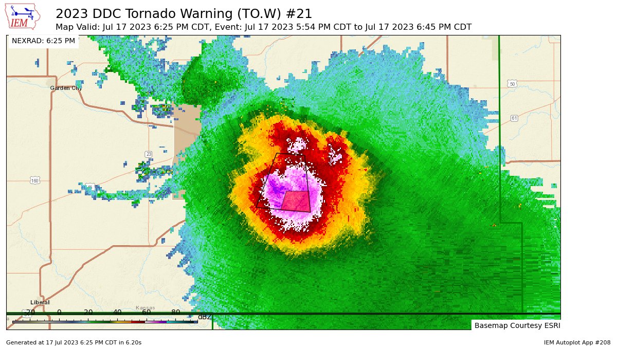 DDC continues Tornado Warning [tornado: RADAR INDICATED, hail: 2.50 IN] for Clark, Ford, Kiowa [KS] till 6:45 PM CDT https://t.co/wNW9iwlFP1 https://t.co/owACQYD2lz