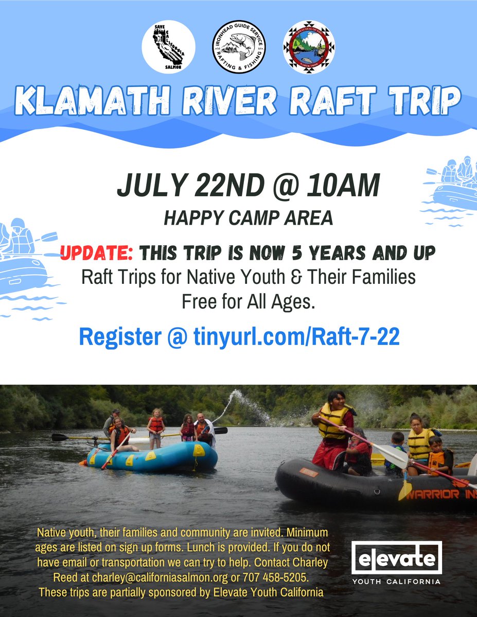 Due to high water conditions the location of Saturday's Klamath River raft trip for Native youth & families with @TheKarukTribe has been changed to a safer run.
It is now an 5 years + trip!
Space is limited, but we still have openings
Register @ https://t.co/iiiXkoHowF https://t.co/uTZSO0rizF