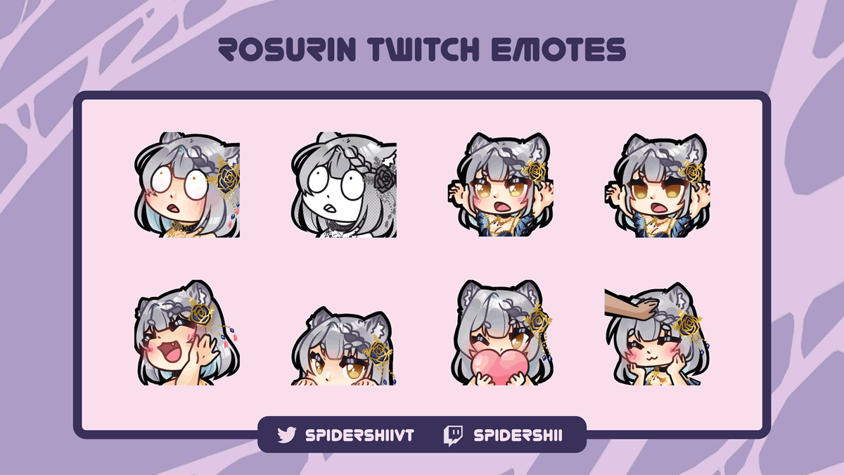SpiderShiiVT's tweet image. It's always such an honor to be able to draw emotes for fellow vtubers/ friends~!

To Celebrate #WorldEmojiDay here are just a few of the sets that I have made in the past!

Emotes belong to the amazing~
@CooperpupVT @RosurinVT 
@EuclideanSquid @Mercenyary_