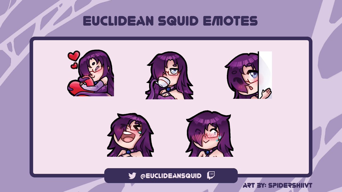 SpiderShiiVT's tweet image. It's always such an honor to be able to draw emotes for fellow vtubers/ friends~!

To Celebrate #WorldEmojiDay here are just a few of the sets that I have made in the past!

Emotes belong to the amazing~
@CooperpupVT @RosurinVT 
@EuclideanSquid @Mercenyary_