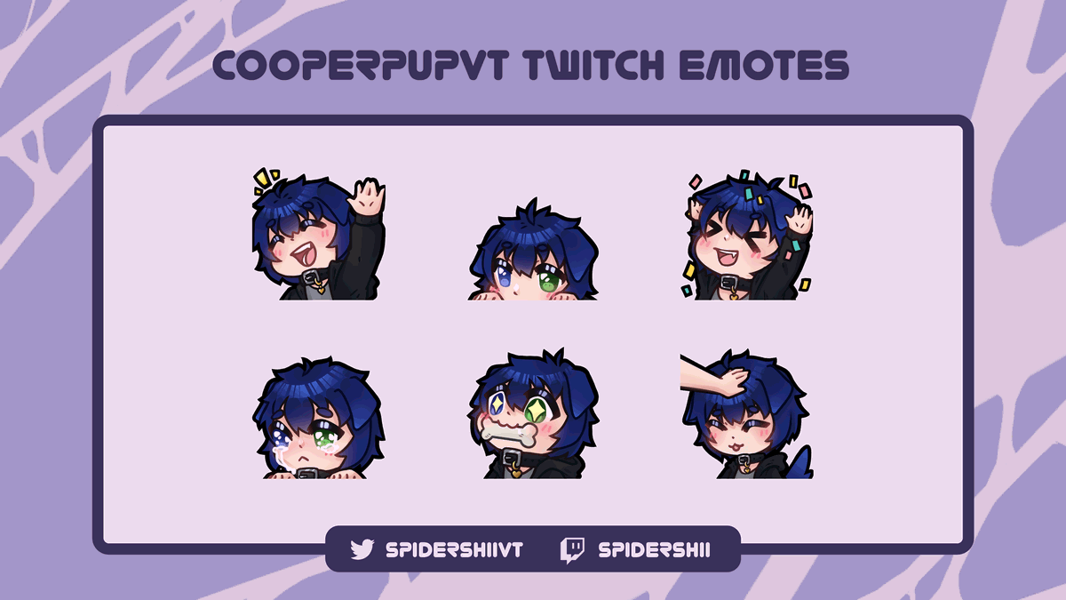 SpiderShiiVT's tweet image. It's always such an honor to be able to draw emotes for fellow vtubers/ friends~!

To Celebrate #WorldEmojiDay here are just a few of the sets that I have made in the past!

Emotes belong to the amazing~
@CooperpupVT @RosurinVT 
@EuclideanSquid @Mercenyary_