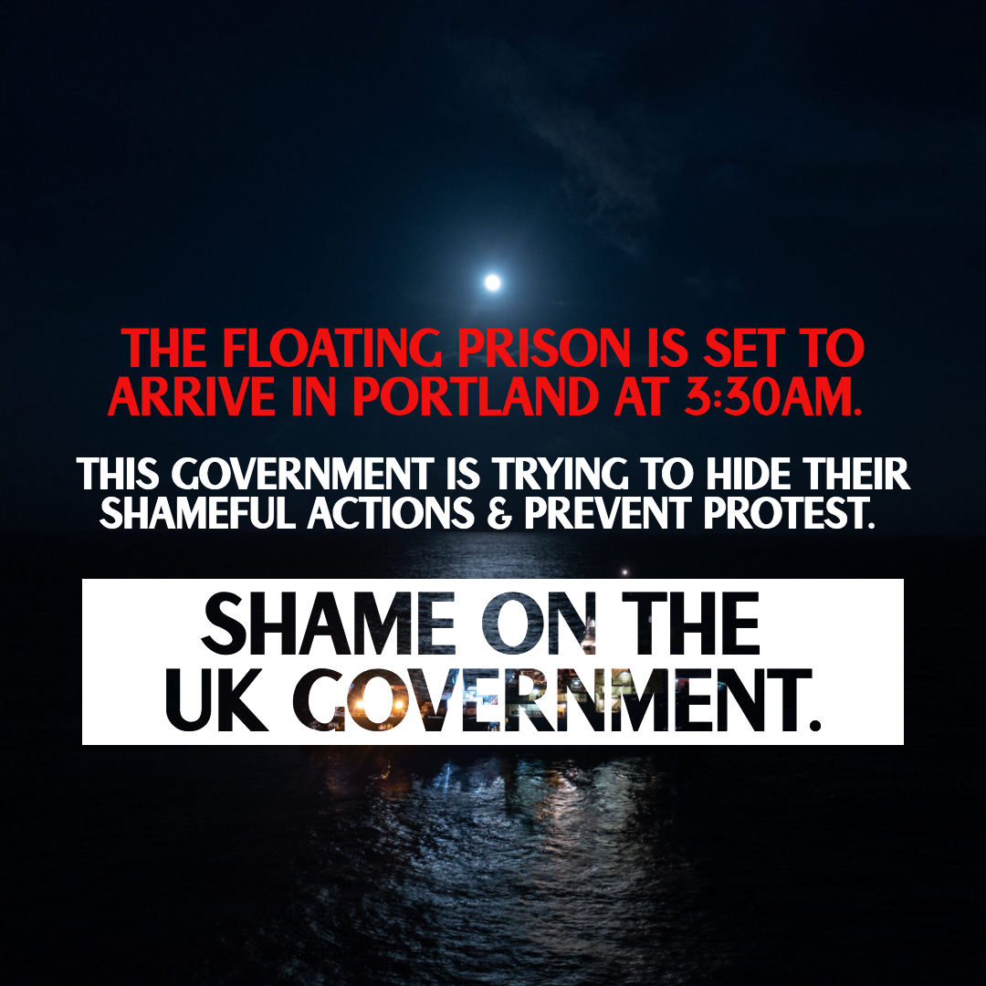 The Bibby Stockholm is set to arrive in Portland in THREE HOURS - at 3:30am. 

This will greatly reduce the possibility of protesting. 

Shame on the UK government. Spread this message far and wide ✊✒️

#NoFloatingPrisons
