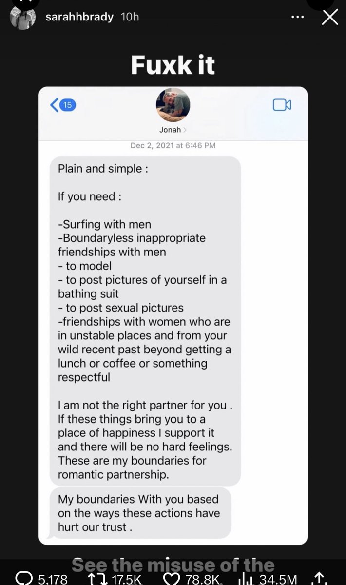 What I see here is an emotionally intelligent way of setting a boundary. Hes giving her a choice. Hes not trying to change or control her. Its a publicity grab on her part— soon words like “emotional abuse” will lose meaning, like “triggered” &amp; “traumatic.” #sarahbrady #jonahhill