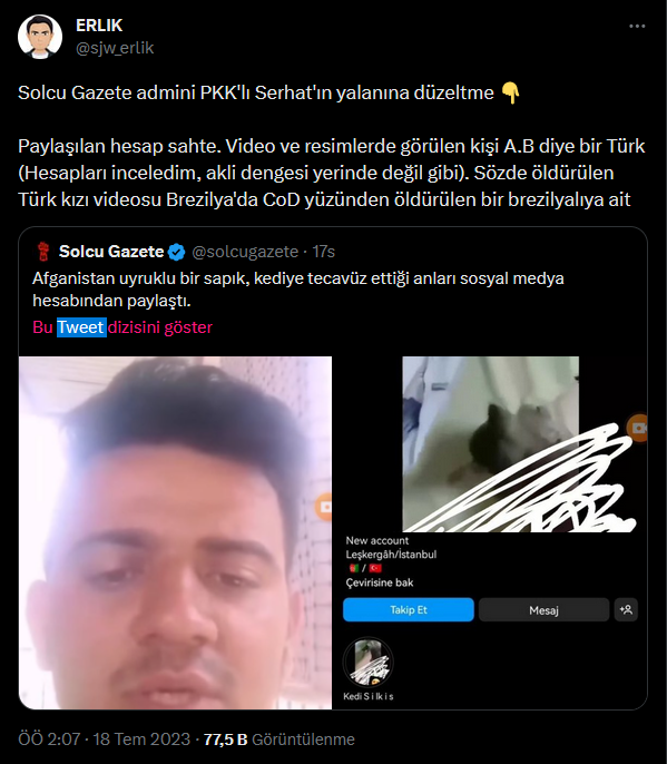 teyakkuzhaber's tweet photo. Erlik, Solcu Gazete'nin "Afganistan uyruklu sapık" haberini kanıtlarıyla yalanladı. https://t.co/ce6KeeAlB2