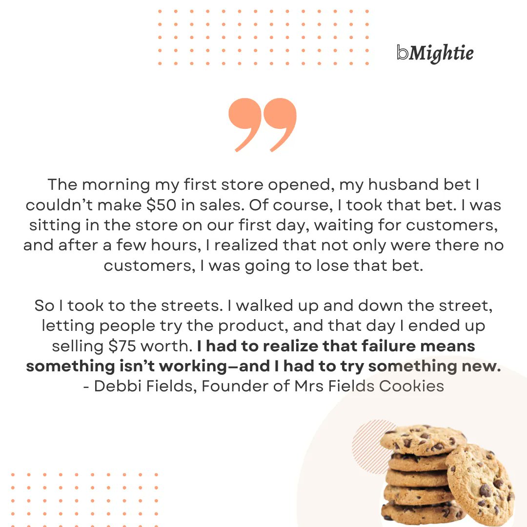 bMightie's tweet photo. Failure is simply feedback to try differently again. Read #DebbiField's inspiring story building an empire from a single recipe -https://t.co/i4h4cPnYds 💗🍪
#bMightie #entrepreneurship #founders #inspiration #funfact #success #casestudy #mrsfieldscookies #didyouknow #qotd https://t.co/rjFOX9mXfH