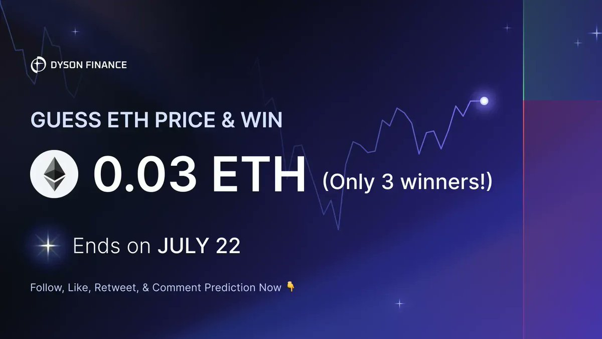 DysonFinance's tweet image. ✨ GUESS THE PRICE CONTEST ✨

Let's play a game with a mechanism similar to #DualInvestment!

Predict the value of $ETH on July 22, and get a chance to win the 0.03 ETH prize for 3 winners 🏆

To do:
✅ Follow
✅ Like
✅ RT
✅ Comment your prediction (1 only)

More details ⤵️