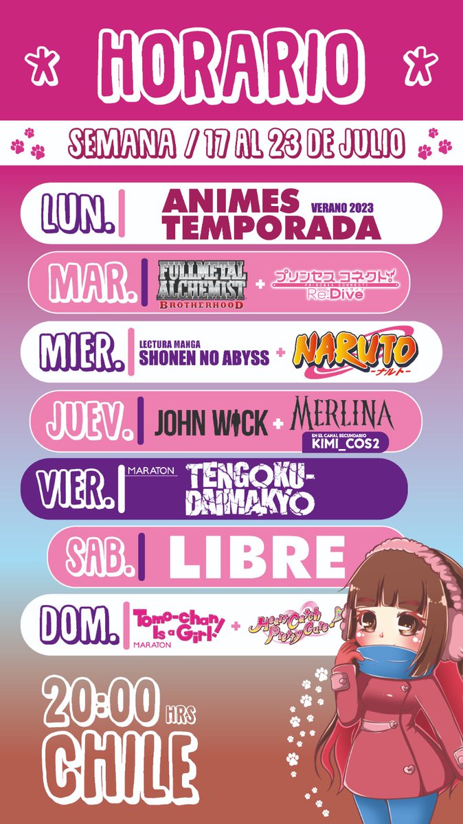 Kimicos1's tweet photo. Horario de la semana!!
Si sigo mal de la garganta no hay lectura de manga el miércoles y probablemente no haya stream el viernes, pero Tengoku esta por si a caso prendo

RT = Cofre https://t.co/qykGdE8sWu