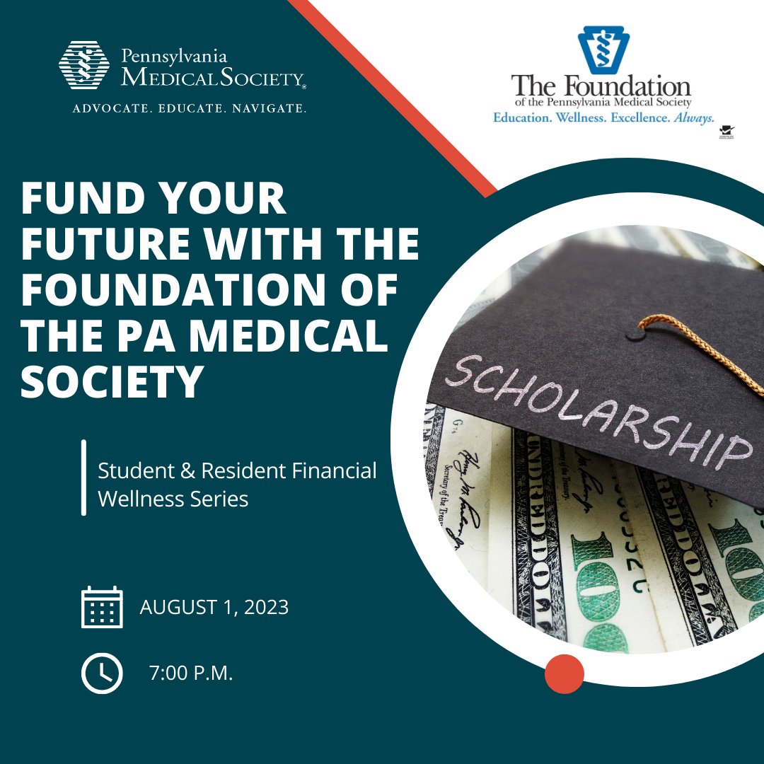 PAMEDstudents's tweet image. Fund your future with a scholarship by The Foundation of the PA Medical Society! Learn more about the wide variety of scholarships offered by The Foundation on Aug. 1 during a virtual Q&amp;amp;A session. Register at pamedsoc.org/events.