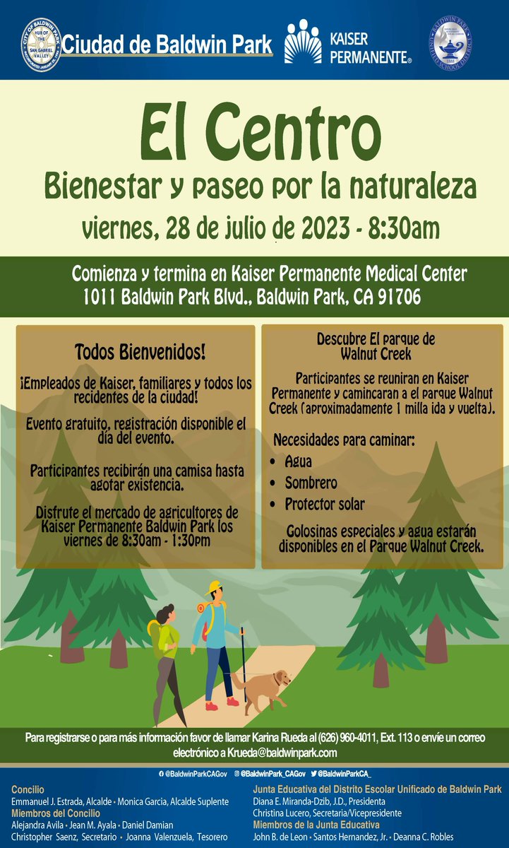 BPUSD families are invited to enjoy a one-mile nature walk and explore the Walnut Creek Nature Park at 8:30 a.m. on Friday, July 28, hosted in collaboration with the City of Baldwin Park, Kaiser Permanente and the District. The walk will begin and end at 1011 Baldwin Park Blvd.