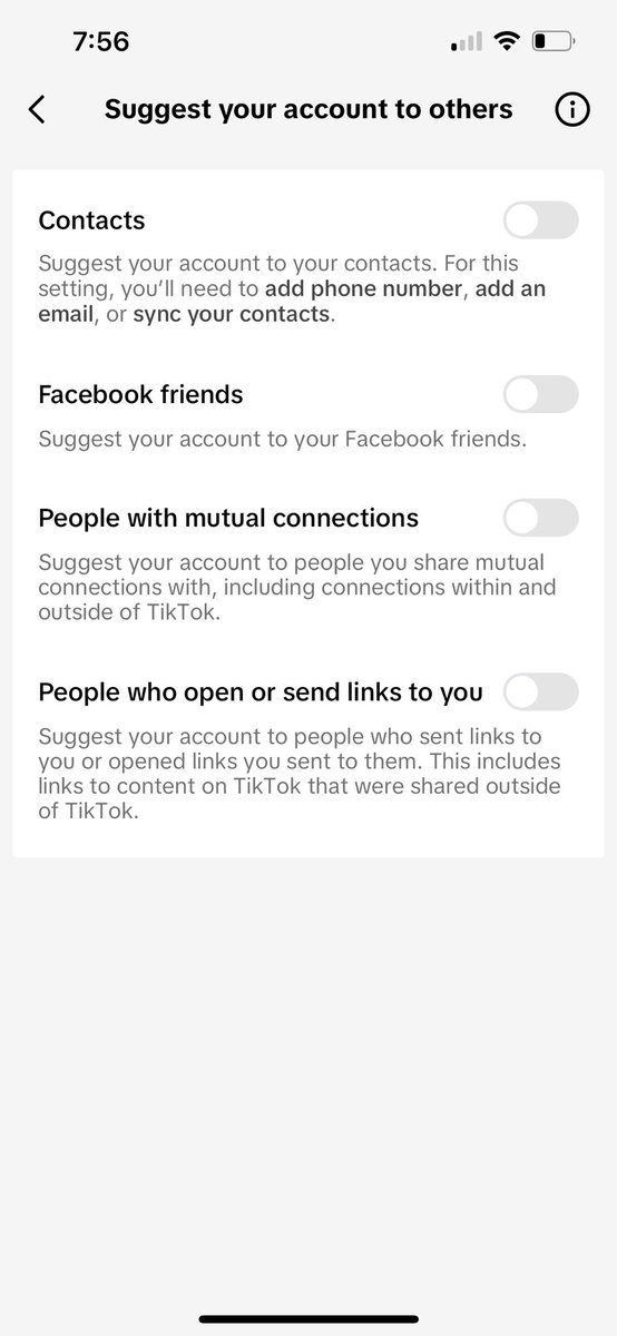 bentleyliz2's tweet photo. PSA- make sure all this shit is turned off on your tiktok account so people don’t get “follow xyz!” Pop ups when you send them links (under settings - privacy- suggest your account to others) https://t.co/rneY7qonZ0