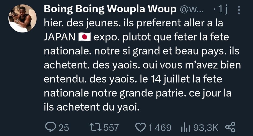 "yesterday, youths. They prefer to go to the JAPAN🇯🇵 expo. instead of celebrating the national holiday. our beautiful and big country. they buy. yaoi. yes you heard me right. yaois. on july 14th the national day of our beauty country. that day, they buy yaoi."