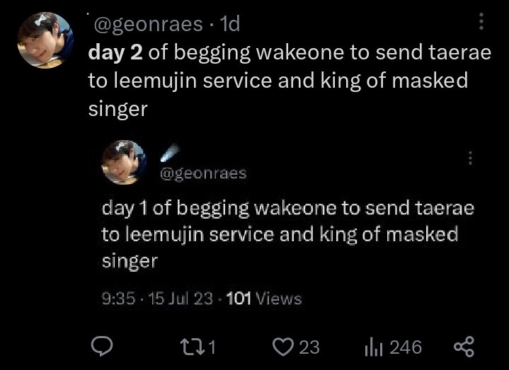 day 3 of hoping wakeone would send taerae to leemujin service and king of masked singer https://t.co/HReEc58Hhk