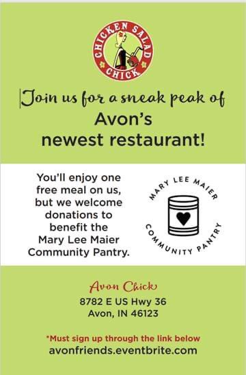 Who is excited about Chicken Salad Chick opening in Avon?  Here is your chance to try it out early and support <a href="/MLMaierPantry/">Mary Lee Maier</a> They have chosen us to be the recipient of their donations received during their sneak peek event on Mon 7/31 &amp; Tues 8/1.  Welcome to Avon!