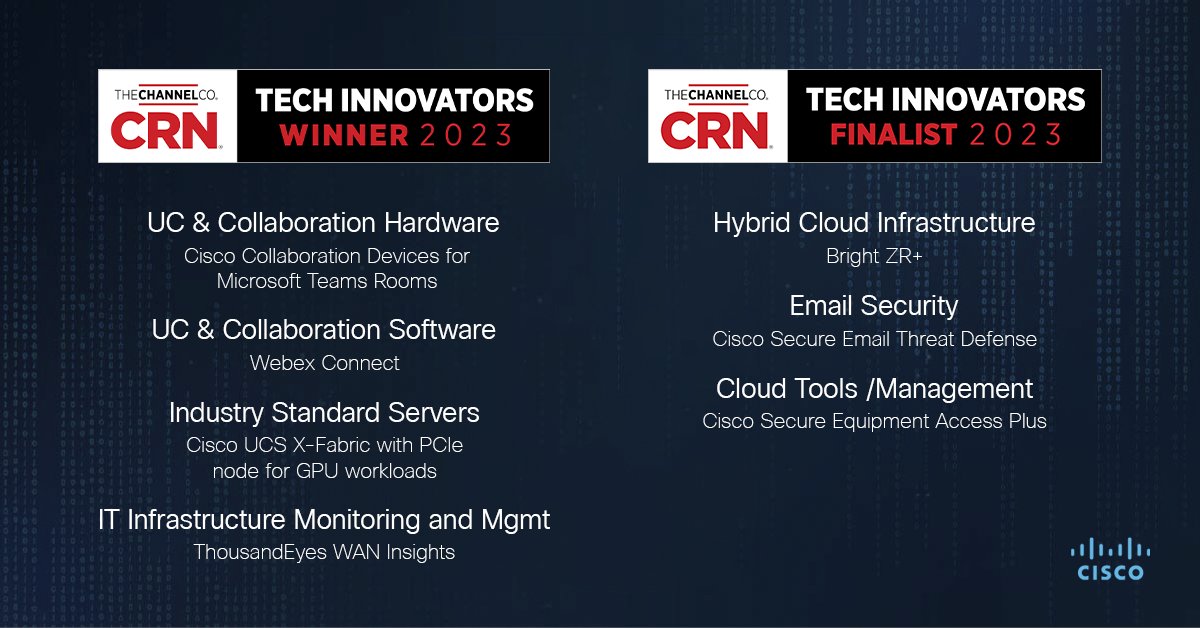 Great wins for <a href="/Cisco/">Cisco</a> in <a href="/CRN/">CRN</a>'s 2023 Tech Innovator Awards! 🏆 Discover the cutting-edge technology behind our success in <a href="/JasonWGallo/">Jason W. Gallo</a>'s blog here: cs.co/6017PuwKt
#CRNInnovators