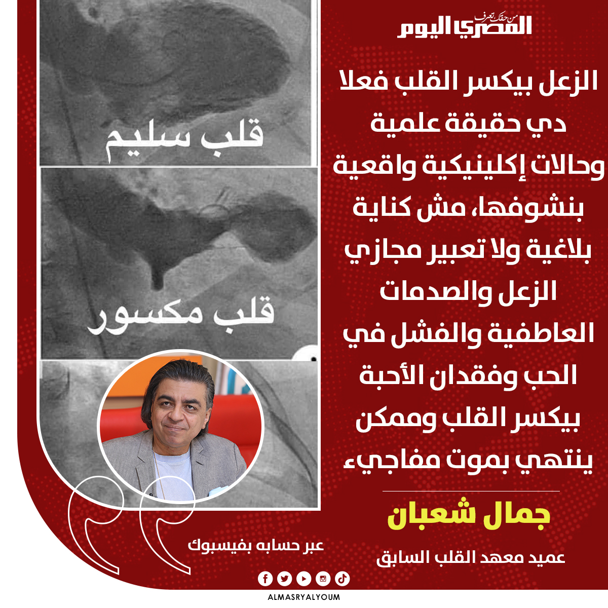AlMasryAlYoum's tweet photo. #جمال_شعبان💬: #الزعل بيكسر #القلب فعلا دي حقيقة علمية وحالات إكلينيكية واقعية بنشوفها https://t.co/McwNiqZrce