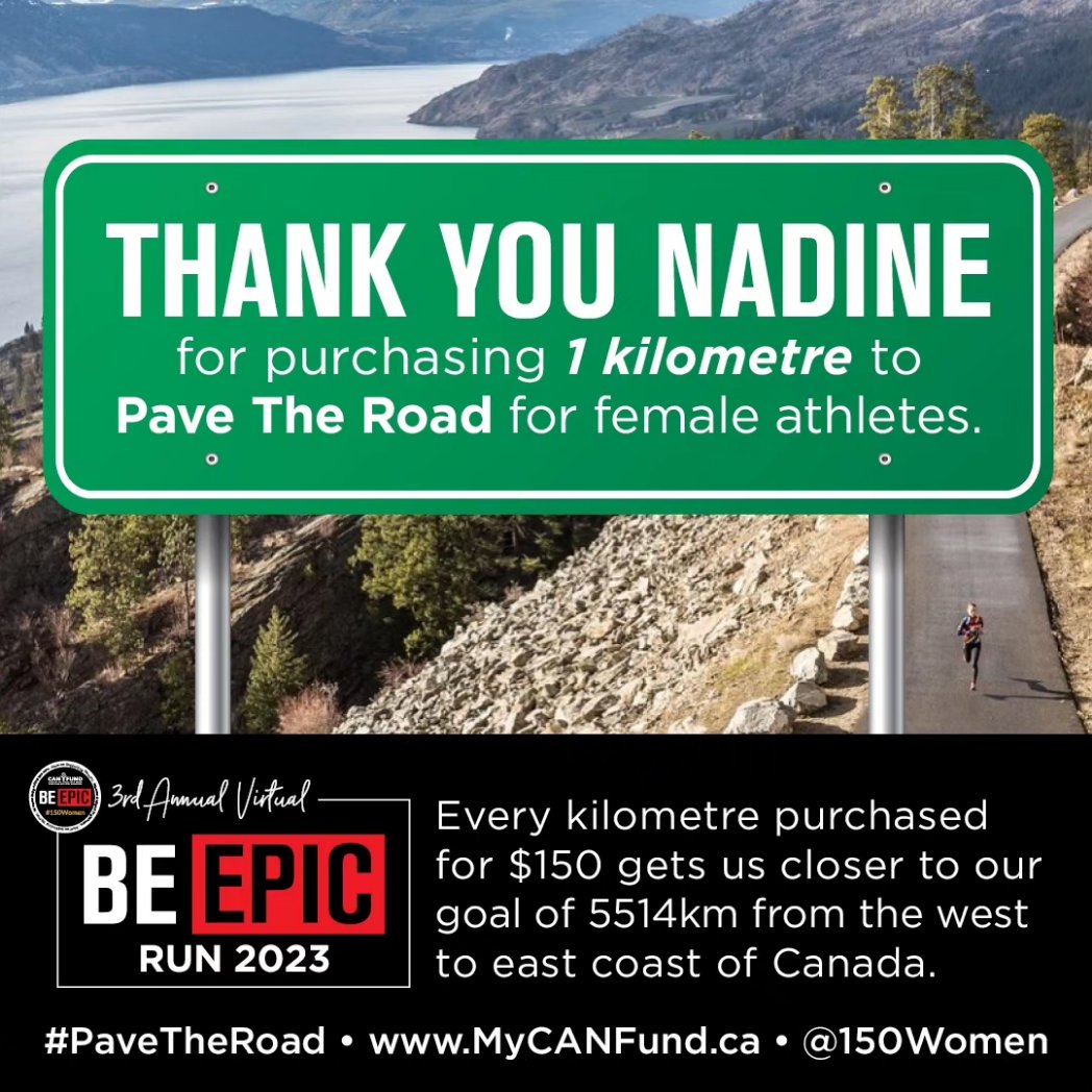 CANFUND's tweet photo. EVERY. KILOMETER. COUNTS. 🛣

#thankyou Michael, Nadine and Lucille for helping us get closer to our goal of 5514km purchased to #PaveTheRoad" for our #femaleathletes!! 👏👏 

For more details and to purchase your kilometers today: https://t.co/qpQ9gYqNzL https://t.co/7puVTFEt7B
