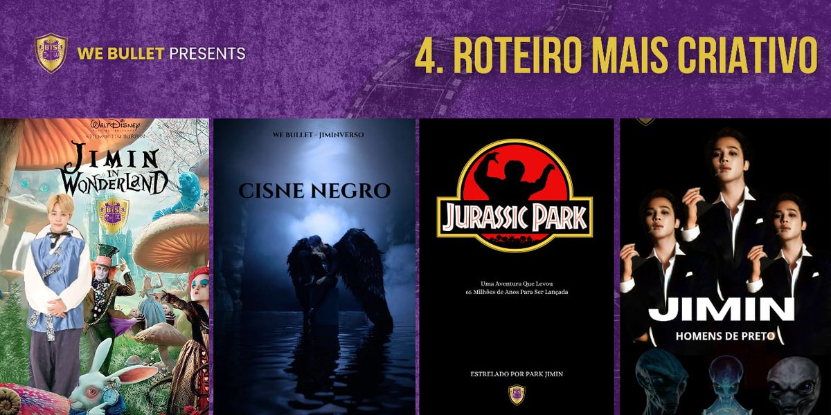 parkjimin_ps's tweet photo. 🏆 • Roteiro mais criativo
1. Jimin no país das maravilhas
2. Cisne Negro (Black Swan)
3. Jurassic Park
4. Jimin: homens de preto
#Jiminverso #WeBullet https://t.co/m8hCfpd6q2