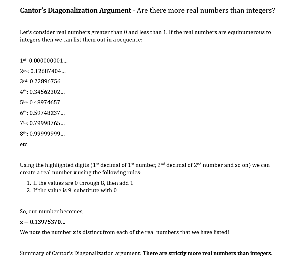 math_rehash's tweet photo. #math 
Are there more real numbers than integers?

Cantor's diagonalization argument serves as the key #insight to define the #concept of countable and uncountable #infinities. 

Here's a rehash... https://t.co/MYCdl7fYEs