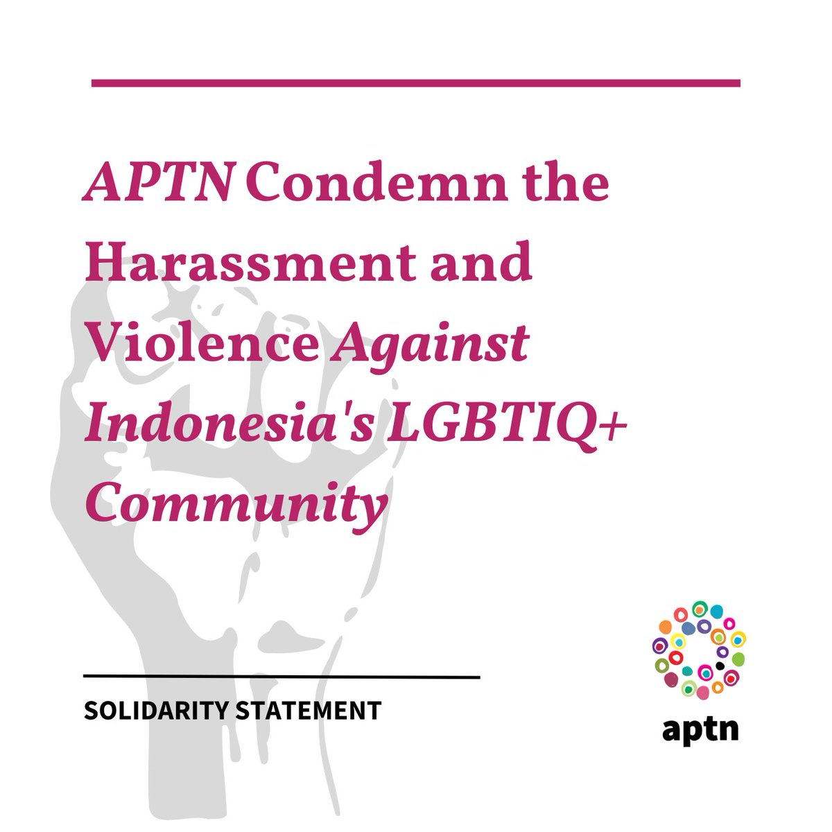 Standing with Indonesia's LGBTIQ+ community in solidarity. We condemn the alarming levels of harassment, violence, and discrimination targeting local activists and community members. Read: weareaptn.org/2023/07/18/apt… #SolidarityStatement #StandWithIndonesia