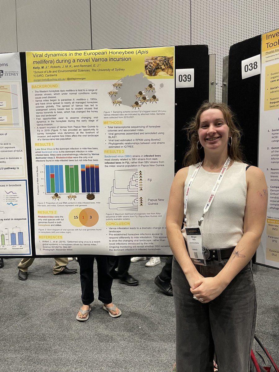 EmsyRemsy's tweet photo. What happens to naïve honey bees when a novel parasite arrives? Check out Morgan Kelly’s @pelagicmorgan poster (039) at #ICG2023 to find out! (Spoiler: big changes in viruses 🦠!) https://t.co/Wsg7SoXlbX