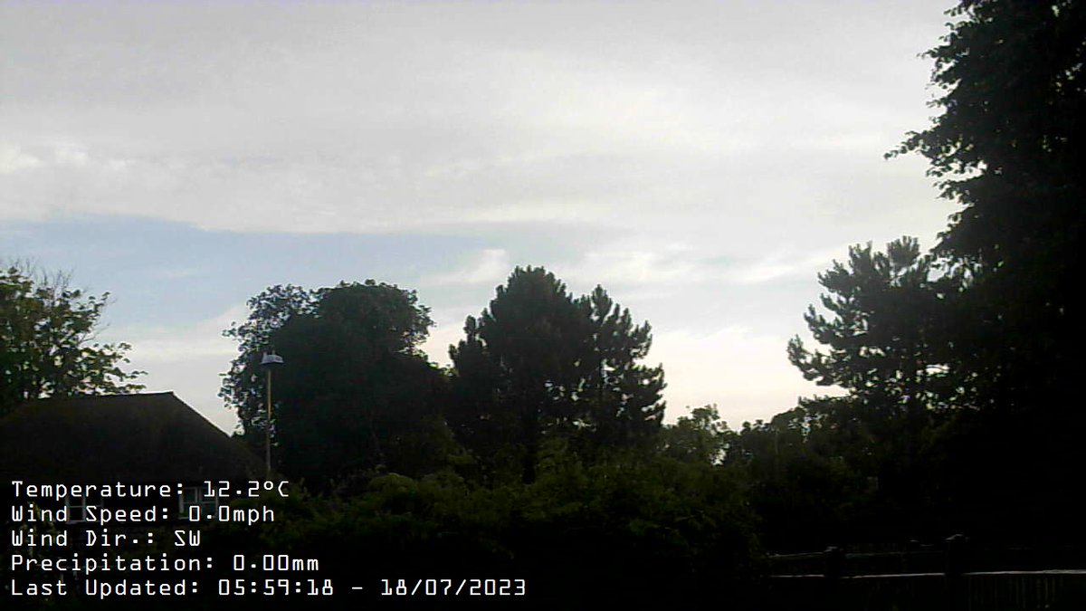 Report at 06:00 Wind:SW at av. 0mph, max gust today 0.0mph at 15:34Temp:12.2CMax today:14.8C at 00:00 Min today: 11.2C at 05:16 Baro:1020.0mb Falling slowlyRain Today:  0.0mm Fcst: increasing clouds with little temp change, precipitation possible within 24 to 48 hrs.