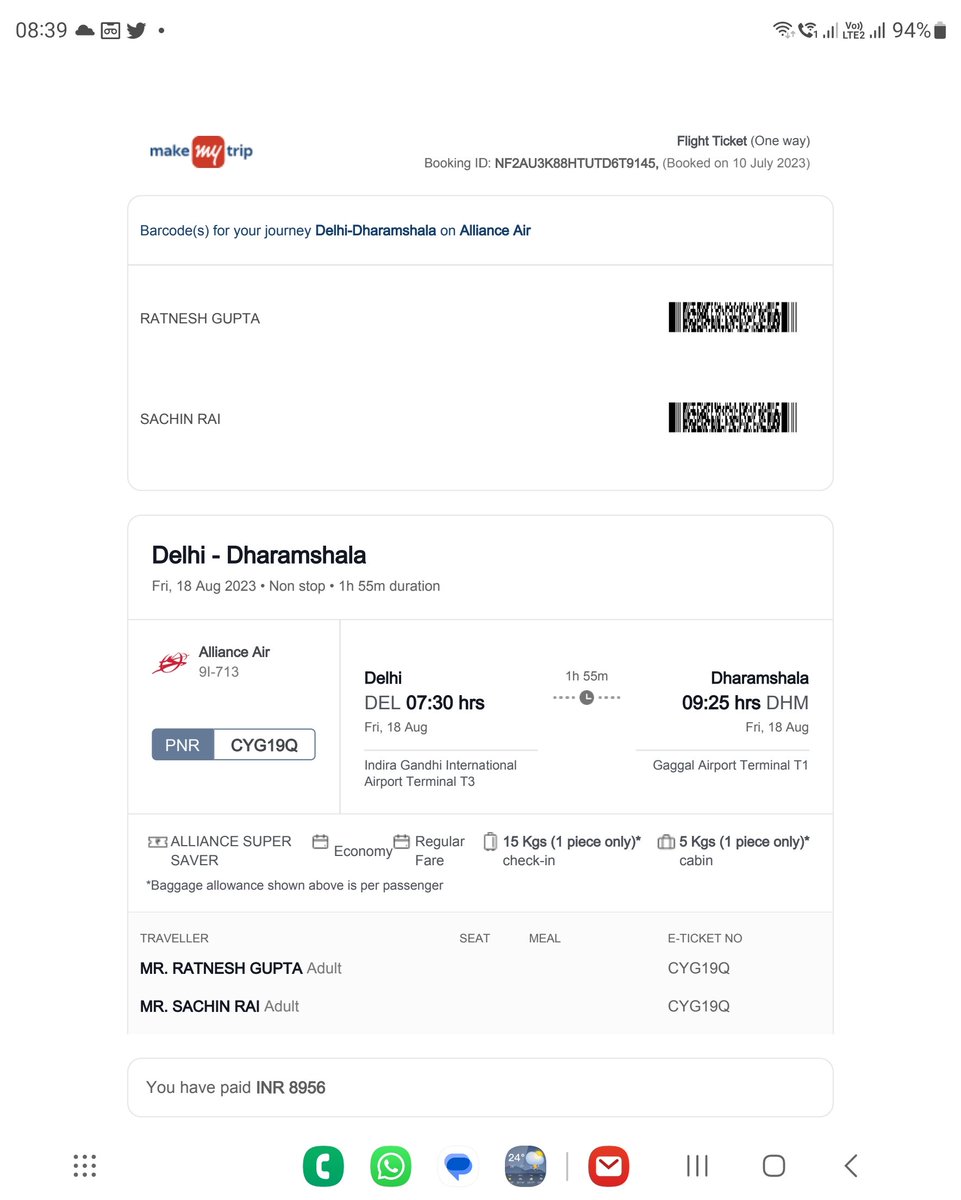 RatneshgGupta's tweet photo. @allianceair my ticked preporned without my concent.Alliance air is sending theses messages (Alliance Air flight 9I-713  DEL-DHM of 18-Jul-23 shall now operate as 9I-821 on 18-Jul-23 via SLV with Dep at 8:30 Hours and Arr at 10:55 Hours. This is harassment. Compensation reqd https://t.co/G79el3KoXK