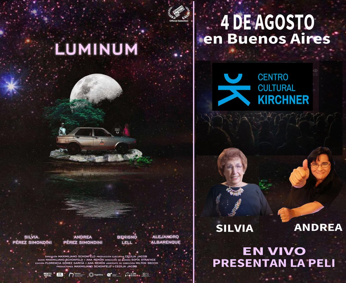 VOvni's tweet photo. 4 DE AGOSTO - ESTRENO - 📷📷
LUMINUM EN BUENOS AIRES 📷📷
CENTRO CULTURAL KIRCHNER
En vivo, Silvia y Andrea.
AMPLIAREMOS.
#luminun #cck #buenosaires #peliculas #ovni #extraterrestre #silviaperezsimondini #andreaperezsimondini https://t.co/IDdARrXJhN