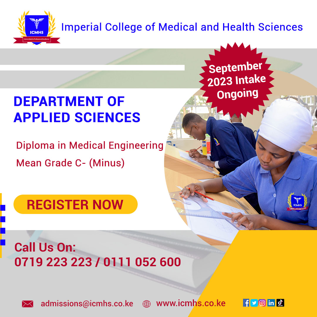 Pursue a Diploma in Medical Engineering and explore the field of engineering.

Apply for September Intake

📞0719 223 223 / 0111 052 600
📩 admissions@icmhs.co.ke

#medicalengineering #medicalcollege #imperialcollgethika #thika #septemberintake #ApplyNow #nursing #appliedscience