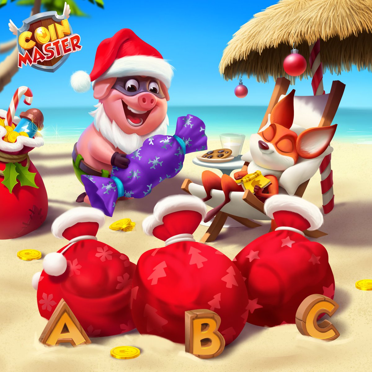 CoinMasterGame's tweet photo. 𝑯𝑶 𝑯𝑶 𝗵𝗼𝗹𝗱 𝘂𝗽! 🎅🏻 It looks like there's a 𝐒𝐏𝐈𝐍 in one of Santa's bags! ⚡ Help Piggy and Foxy find it and you could win 𝟴𝟬𝟬 𝗦𝗣𝗜𝗡𝗦! 😎

👉 Jingle all the way into #CoinMaster! Link in bio! https://t.co/aNjwo9v6L0