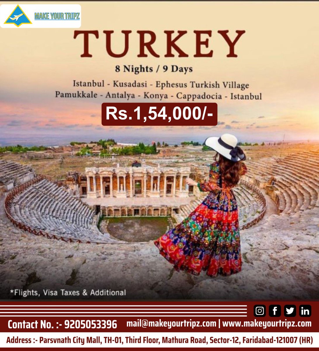 Enjoy your memorable journey to Turkey for 8N/9D with Make Your Tripz!! Call us for booking..
#makeyourtripz #makeurtripz #travels #travel #traveling #flights #traveler #traveller  #honeymoon https://t.co/LOfJzVGtjB